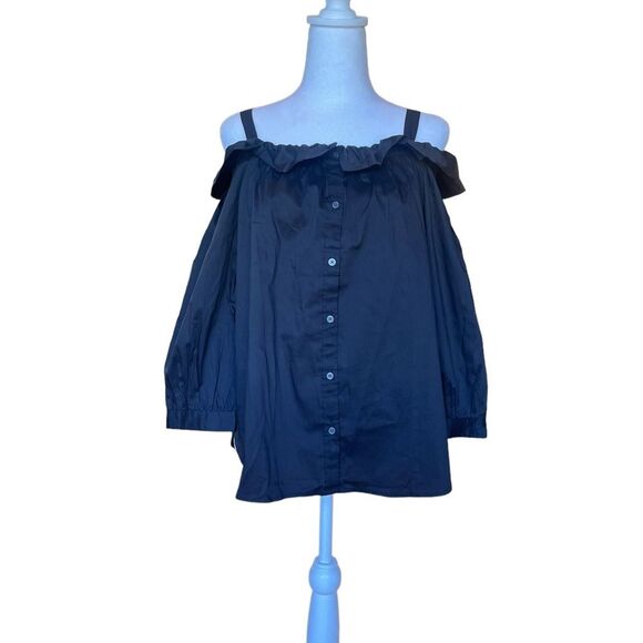 LOFT Tops - Loft Black Ruffle Off The Shoulder Button Up Blouse Size Medium Petite NWT